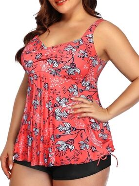 Plus Size Coral Floral Flowy Tankini Top With Black Bottoms